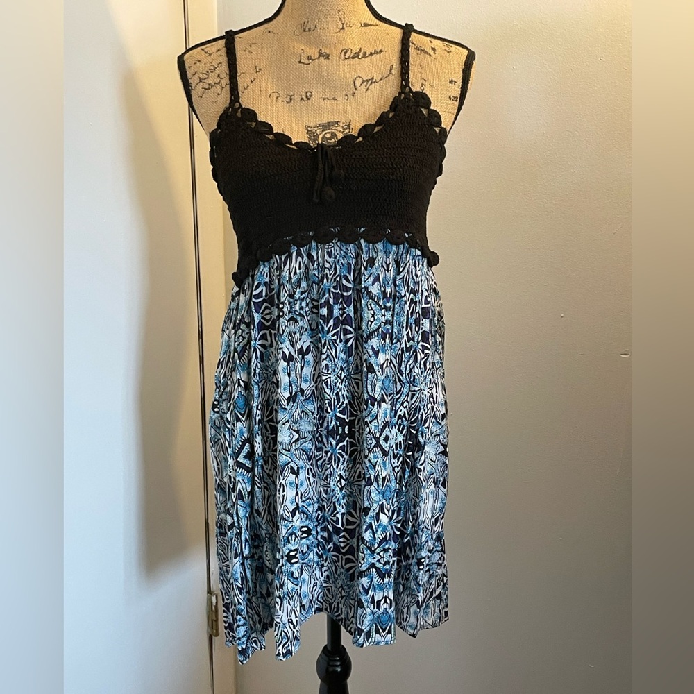 Black and Blue Patterned Mini Dress with Crocheted Bodice